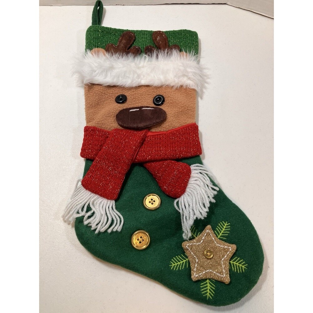Vintage Felt Reindeer w/ Scarf Christmas Stocking Star Holiday Decor